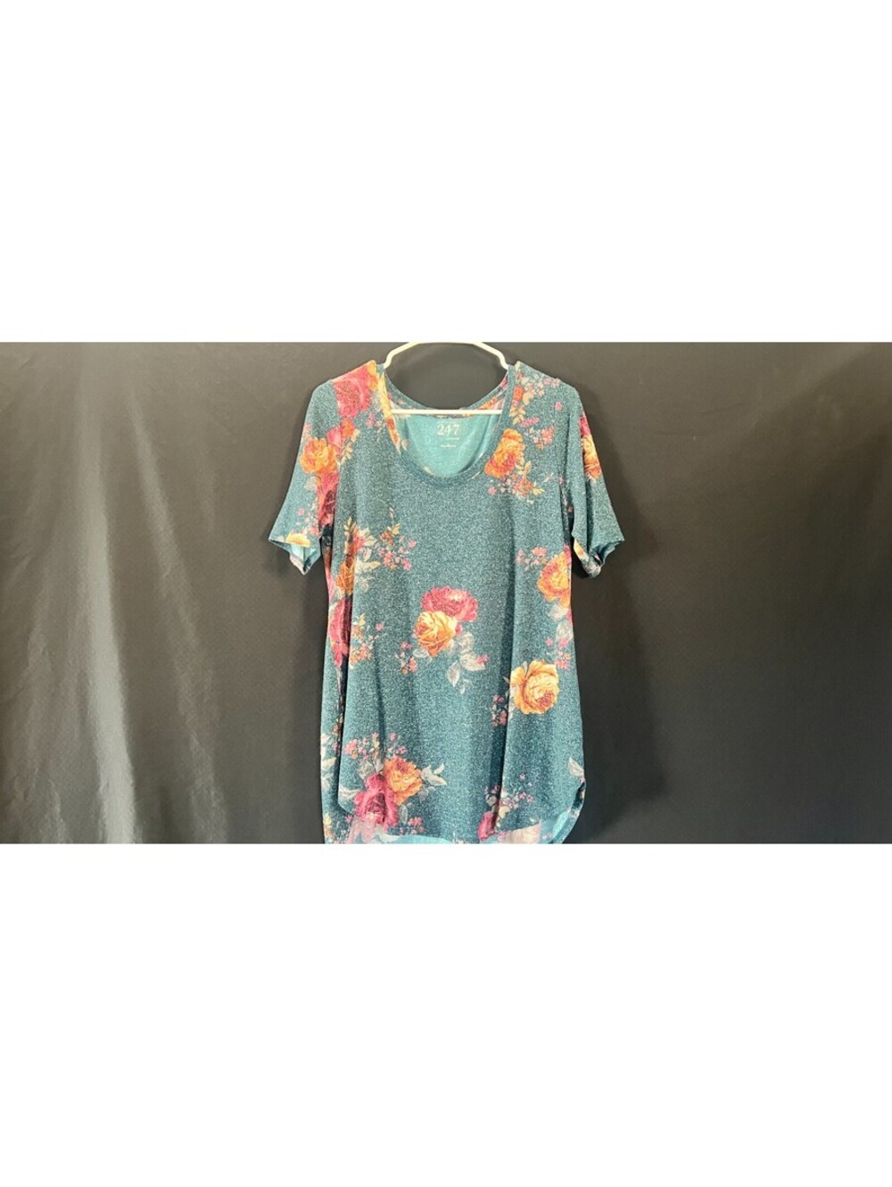 Maurices 24/7 Women L Teal Floral Rose Short Sleeve High Low Tunic Top